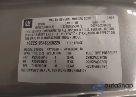 2001 Chevrolet S Truck S10 из США, поврежденный, VIN 1GCCS195418206226